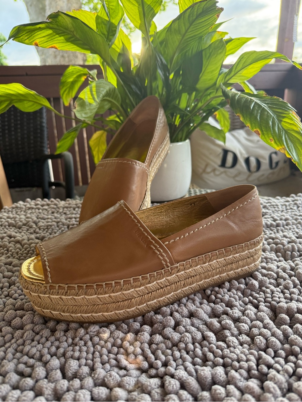 Brown Leather Prada Espadrille Platform Slip-On for Women